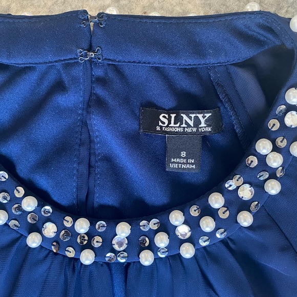 SLNY Navy Blue Long Sleeves Pearls Holiday Dress Size 8 - Picture 11 of 15
